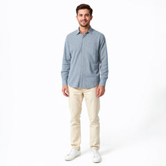 Blue and White Stripe Cotton Linen Blend Shirt - Skyline Stripe