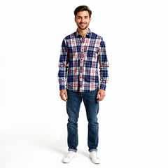 Navy Blue and Red Check Flannel Shirt - Trinity Check